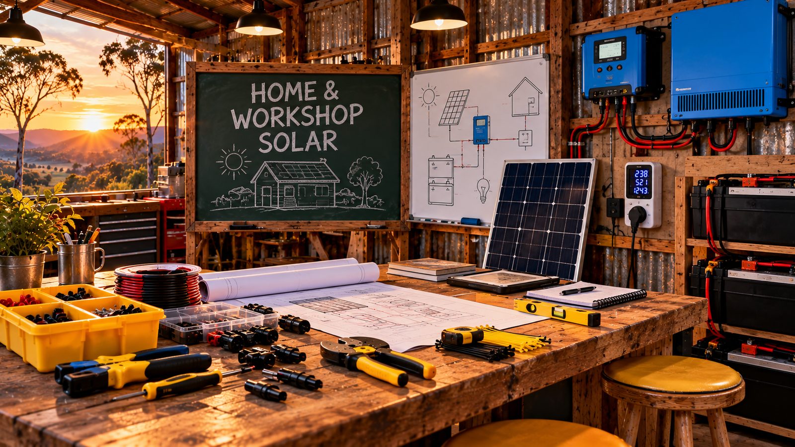 Sunny's yellow corner of the Bush family shed: the solar bench with a panel, system plans, MC4 connectors, the inverter and the battery bank.